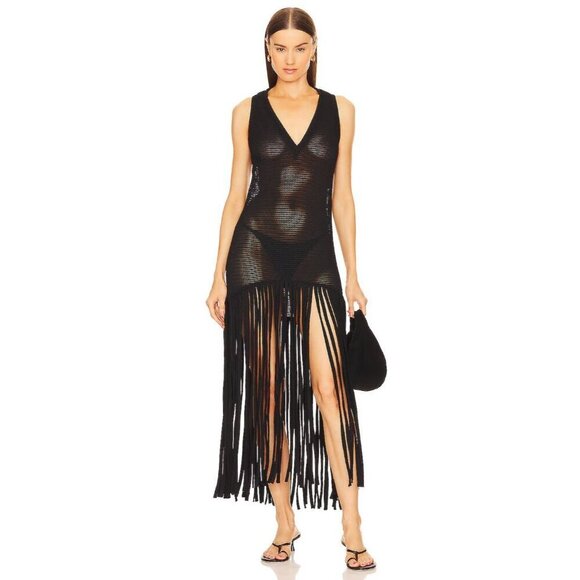 Adriana Degreas Tricot Fringe Maxi Dress Black Womens Size Medium - Picture 1 of 11